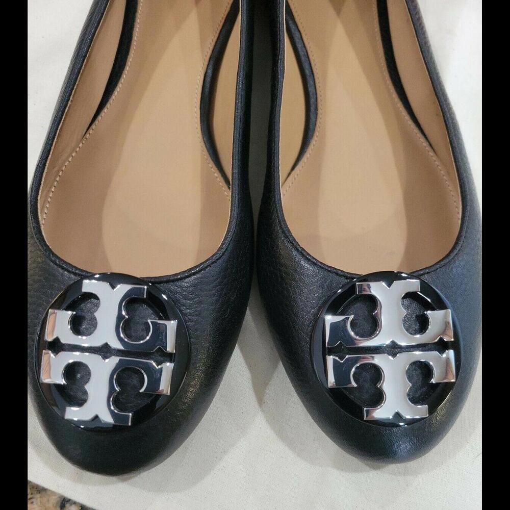 TORY BURCH Silver Logo Claire Black TUMBLED LEATHER BALLET Flat Womens Shoe 10.5 - Picture 10 of 12